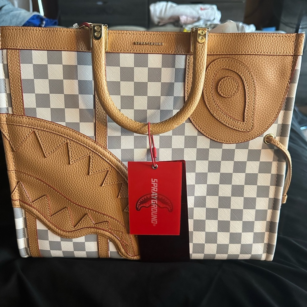 Sprayground Tan and White Checkered Tote
